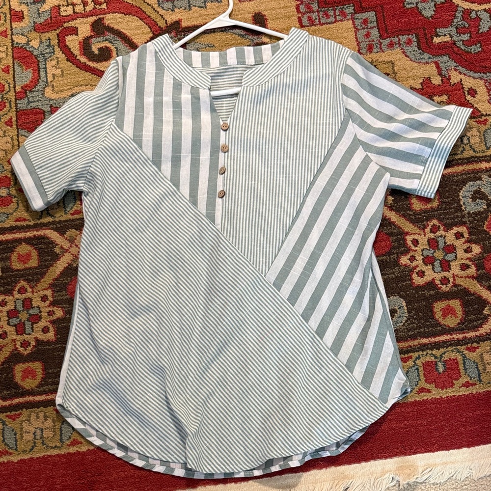 Striped Green and White Shirt. 35% cotton 65% polyester